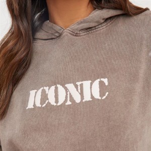 OVERSIZED ‘ICONIC’ SLOGAN PRINTED HOODIE IN ACID WASH MINK