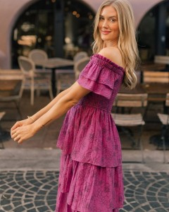 OEM off shoulder floral ruffle A line purple mini dress