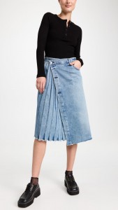 Irregular Design Pleated Patchwork Denim Midi Skirt