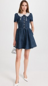 Lace Collar Diamond Buckle Waist A-line Denim Dress