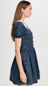 Lace Collar Diamond Buckle Waist A-line Denim Dress