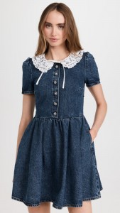 Lace Collar Diamond Buckle Waist A-line Denim Dress