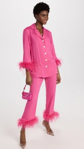 Feathered Cardigan Tops & Straight Leg Slacks Home Pajama Sets