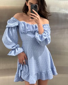 Women custom off shoulder ruffle dot casual mini dress