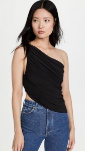 Sloping shoulder asymmetrical off-the-shoulder pleated black vest