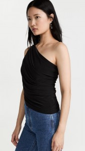 Sloping shoulder asymmetrical off-the-shoulder pleated black vest