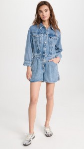 Kostýum ýakasy jübüsiniň bezegi, göni aýakly Denim Romper şortik