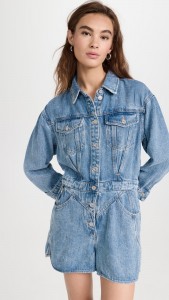 Kostýum ýakasy jübüsiniň bezegi, göni aýakly Denim Romper şortik