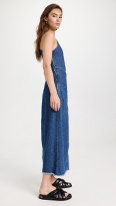 One-shoulder Tailored Waist Strap Slit Raw Hem Denim Midi Dress