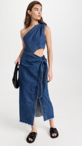 One-shoulder Tailored Waist Strap Slit Raw Hem Denim Midi Dress