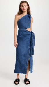 One-shoulder Tailored Waist Strap Slit Raw Hem Denim Midi Dress