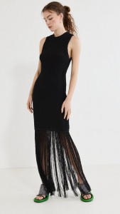 Crew-neck sleeveless high-waisted slim-fit mesh pleated fringe dress