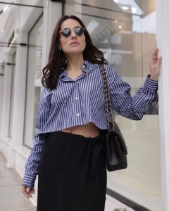 Factory made striped button short blue sexy shirt