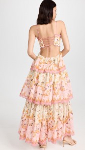 Elegant floral Printing backless frilly halter cake maxi dress