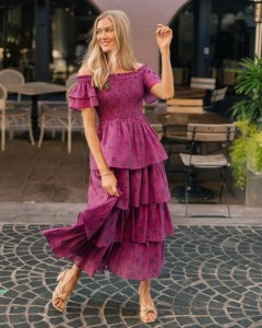 OEM off shoulder floral ruffle A line purple mini dress