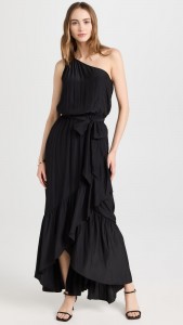 Factory made Asymmetrically pleated elegant black maxi dress