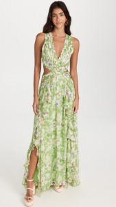 Floral deep v waist backless cutout elegant maxi dress