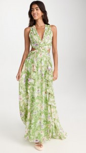 Floral deep v waist backless cutout elegant maxi dress