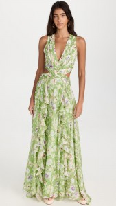 Floral deep v waist backless cutout elegant maxi dress