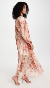 Stylish elegant floral print V-neck lantern sleeves midi dress