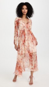 Stylish elegant floral print V-neck lantern sleeves midi dress