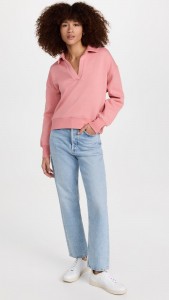 Made in china Pink V-neck loose casual polo neck top