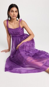 Purple mesh spaghetti strap elegant midi dress