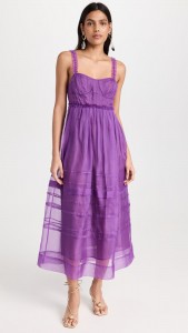 Purple mesh spaghetti strap elegant midi dress