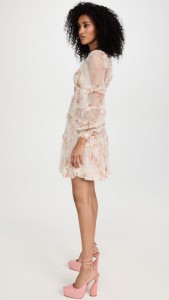 Floral style elegant mesh long sleeve ruffle a-line dress