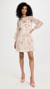 Floral style elegant mesh long sleeve ruffle a-line dress