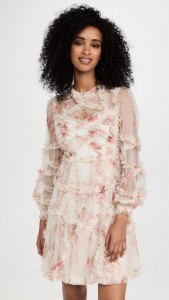 Floral style elegant mesh long sleeve ruffle a-line dress