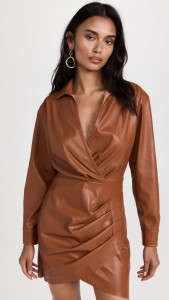 PU Leather Long Sleeve V-neck Pleated Mini Dress