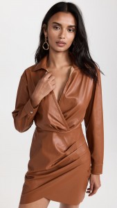 PU Leather Long Sleeve V-neck Pleated Mini Dress