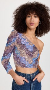 Sequin Top One Shoulder Long Sleeve Crop Top