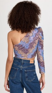 Sequin Top One Shoulder Long Sleeve Crop Top