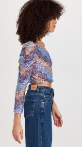 Sequin Top One Shoulder Long Sleeve Crop Top