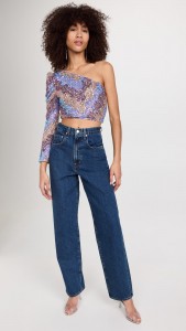 Sequin Top One Shoulder Long Sleeve Crop Top