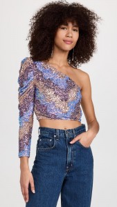 Sequin Top One Shoulder Long Sleeve Crop Top