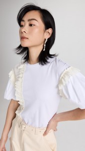 ODM Patchwork ruffled edge color puffy sleeve simple top