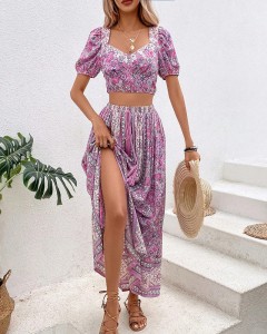 Lady custom floral puff sleeve crop top split skirt set