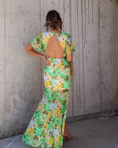 Lady custom front tie backless maxi floral printing chiffon uwe