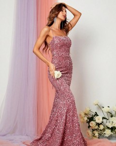 Vehivavy takariva tsy misy backless mermaid hem sequin Maxi dress