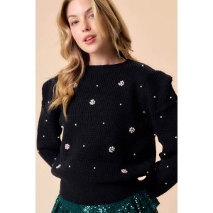 Pearl Flower Trim Waffle Crew Neck Sweater