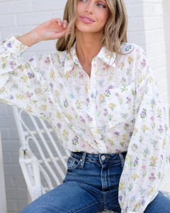 Made in factory clothing ladies white cute tops floral print top